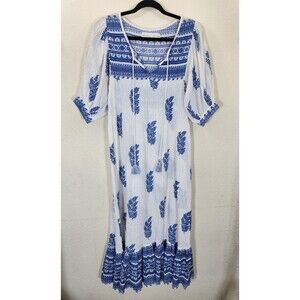 Daughters of India Mishka Maxi Dress XS Blue Floral Block Print Lurex Cotton